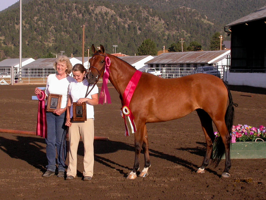Bonnie and Kara Wintersteen with WA Borkata after winning Region VIII Reserve Champion Mare SHIH at Estes Park, CO.          
